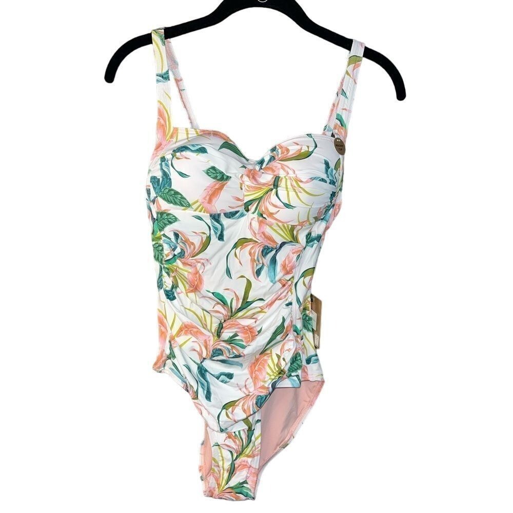 Floral Print One Piece Swimsuit Ruched Multift Cup White Peach Green‎
